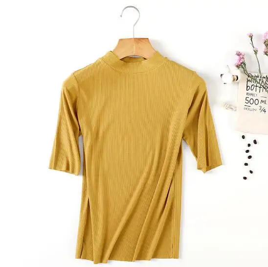 yellow Fdfklak Женский вязаный Топ с коротким рукавом футболка тонкий хлопок женские футболки Половина-водолазка футболки Женская Повседневная футболка - Цвет: yellow