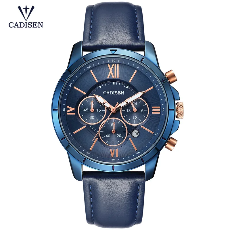 

Cadisen Men's 24-hour Display Quartz Watches Fashion Blue Leather Strap Chronograph Analogue Wristwatch for Man 9060 blue