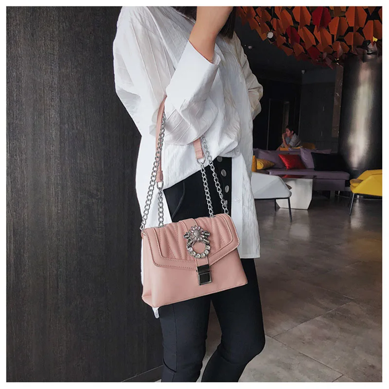 

MSGHER Lovely Rhinestone Bags Women Casual Totes Small Shoulder Bag Female Solid Chain Crossbody Bag Vintage Handbags WB984