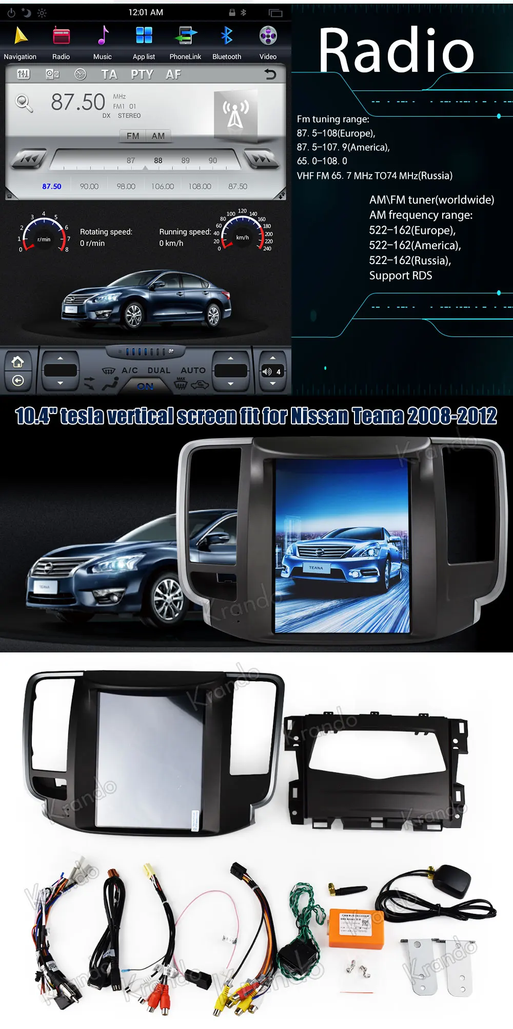 Cheap Krando Android 8.1 10.4"Tesla style Vertical screen car dvd radio multimedia system player For Nissan Teana 2008-2012 navigation 10