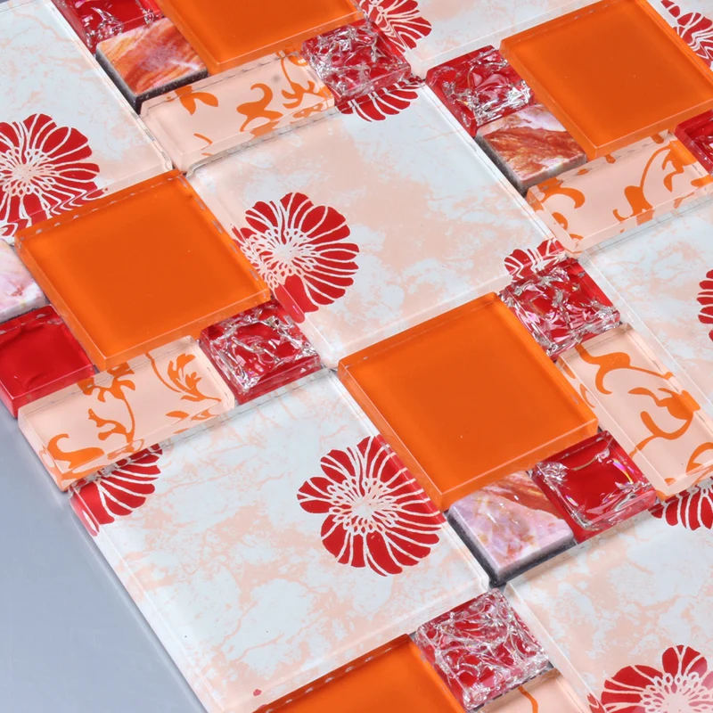 orange printed puzzle flower mosaic tiles EHGM1001B kitchen backsplash