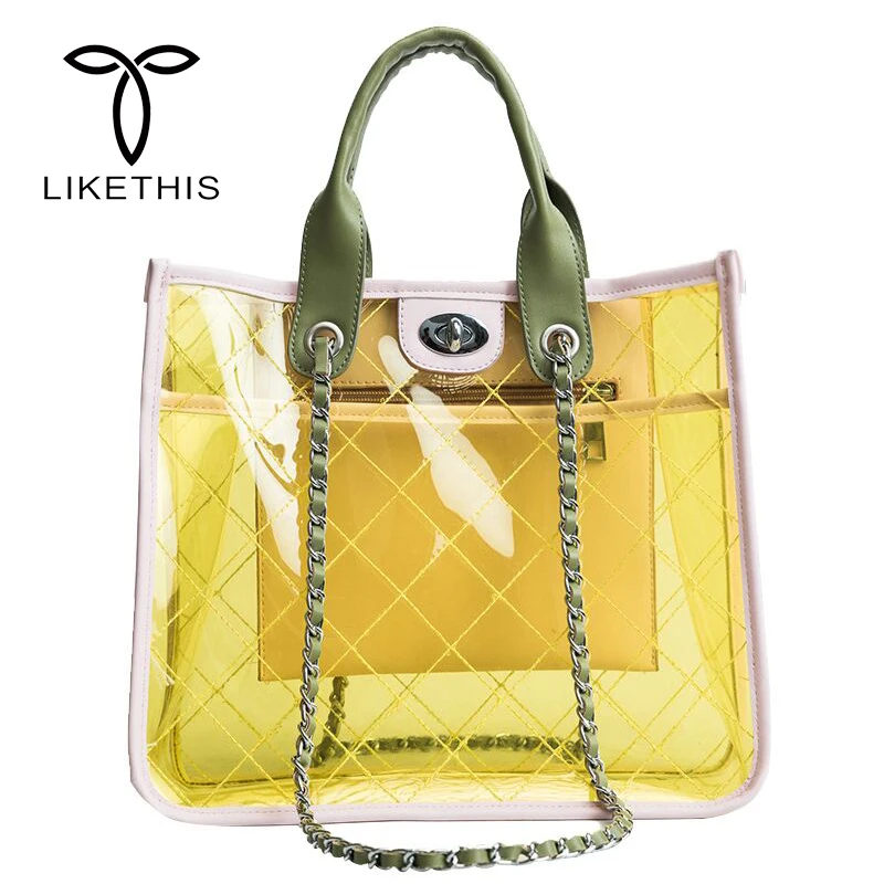 

Summer Tote Beach Transparent PVC Double Shoulder Tape Clear Handbag Shopping Jelly Satchel Clean Grid Bag For Fashion Lady5519