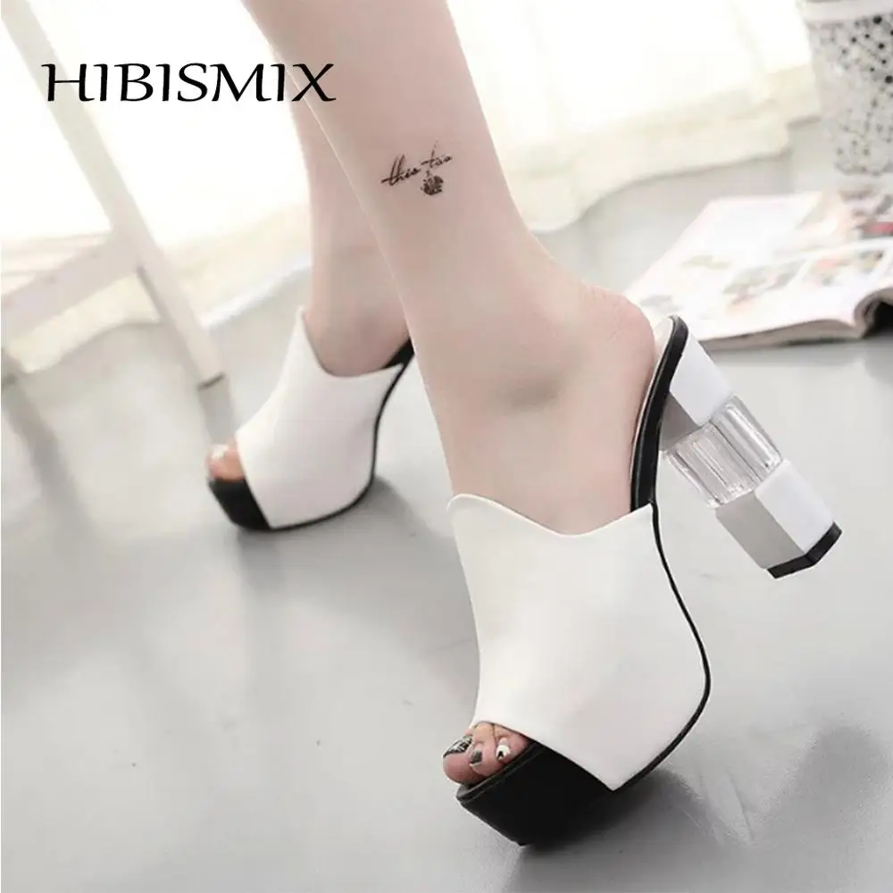 

HIBISMIX Summer Women High Heel Slippers Plus Size Peep Toe Mules Summer Women's Platform Slides 2122