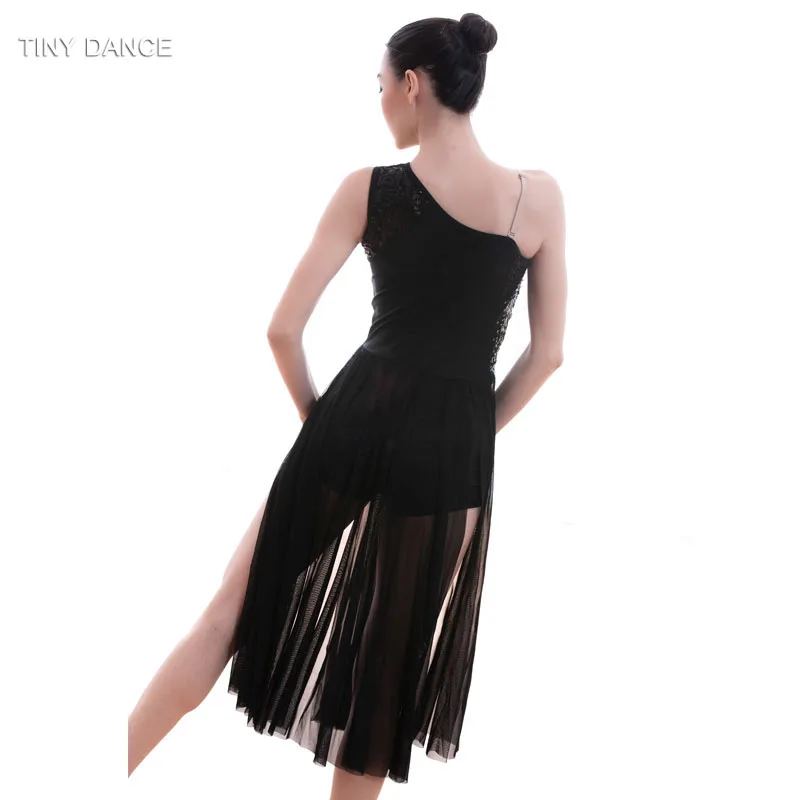 Черное кружевное платье на одно плечо с блестками и лифом с длинным черным сетчатым платьем балетное, лирическое и современное танцевальное платье для шоу Costume17313