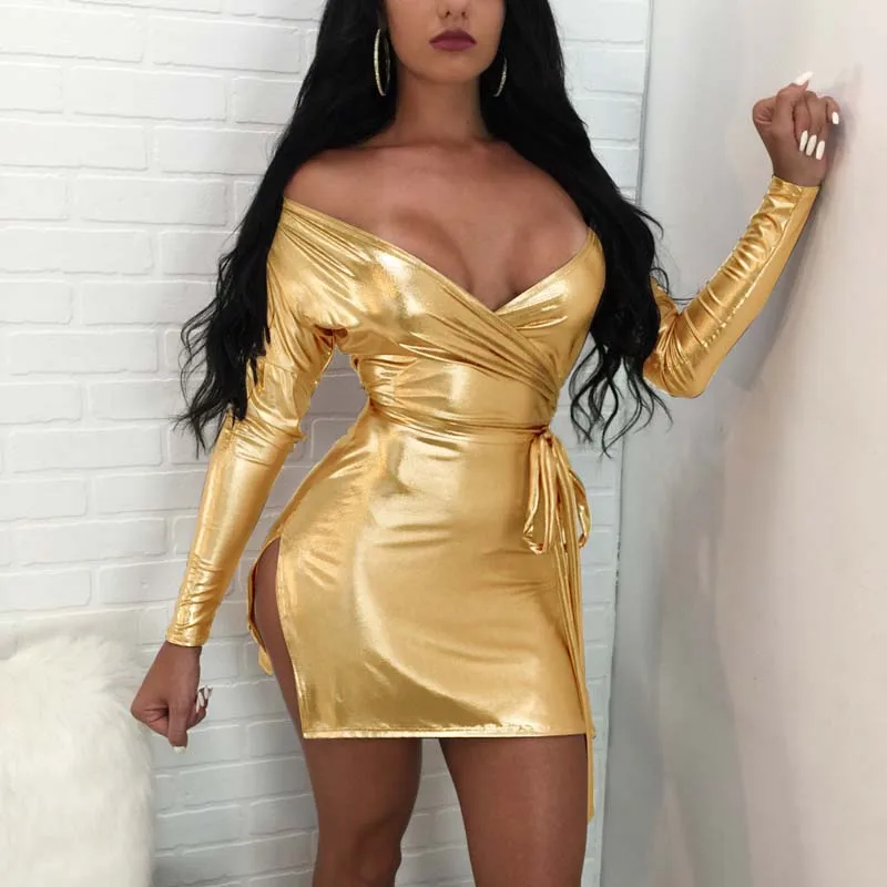 

4 Colors Sexy Women Shiny Dress Off Shoulder Deep V-Neck Dress String Belted Mini Dress Night Party Side Split Clubwear