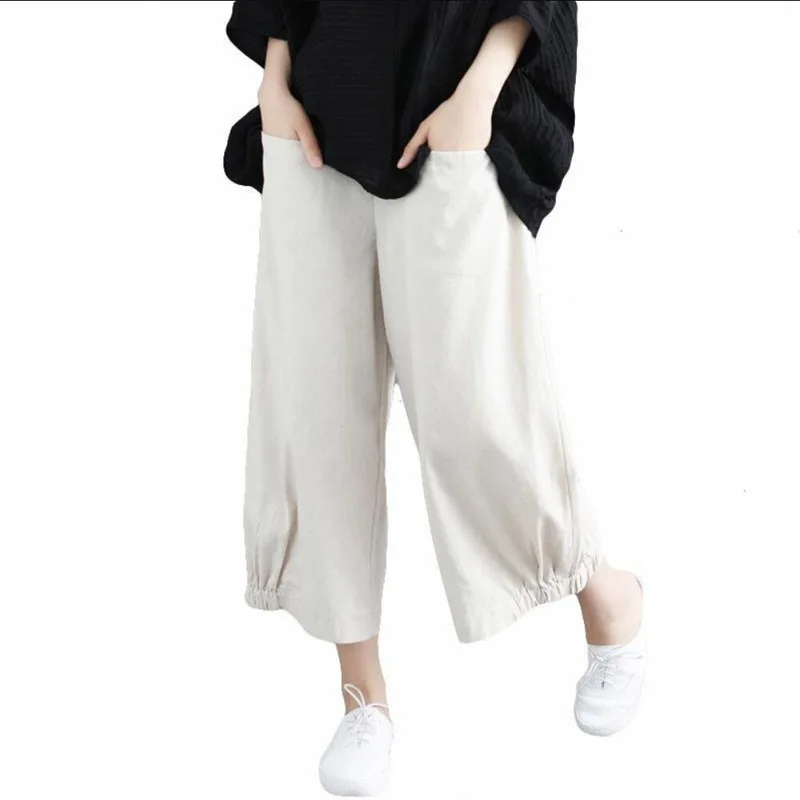 

Nefeilike Summer Wide Leg Pants Elastic Waist Pocket Elastic Pants Legs Loose Casual Ankle Length Cotton Linen Women Pants