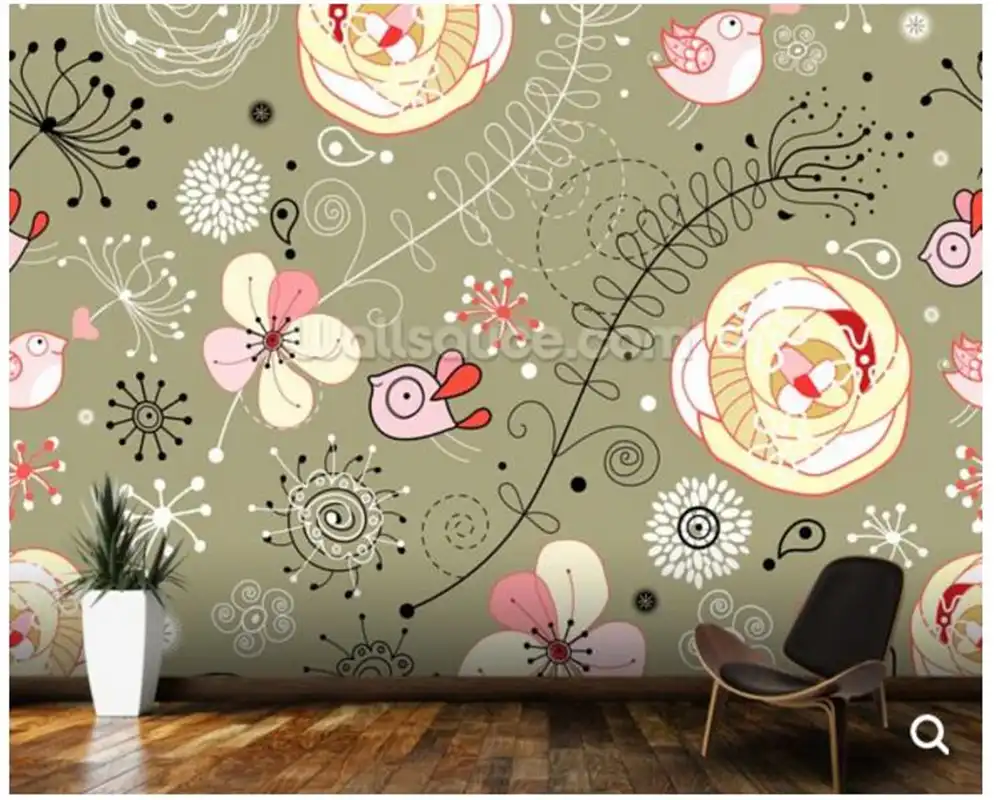 Besar Bunga Burung Wallpaper Burung Bunga Kartun Mural Untuk