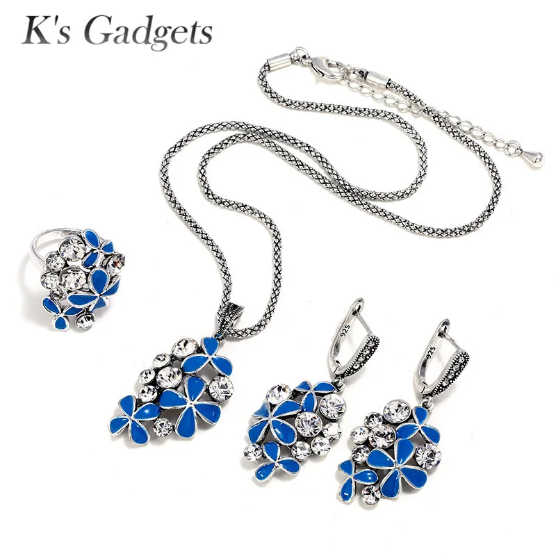 

K'S Gadgets Enamel Zirconia Jewelry Sets Blue Flower Necklace Earrings Ring Set For Women Bridal Bijoux Wedding Accessories