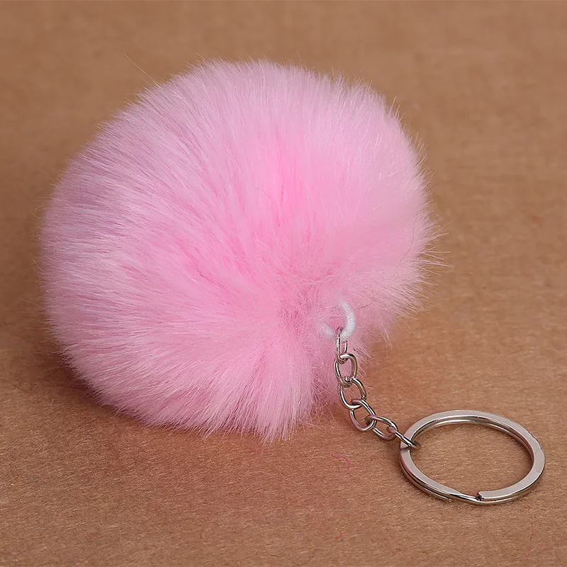 

New Fur Ball Key Chain For Women 8CM Fur Pom Pom Keychain Silver Key ring Holder Trinket Male couples jewelry Christmas gift