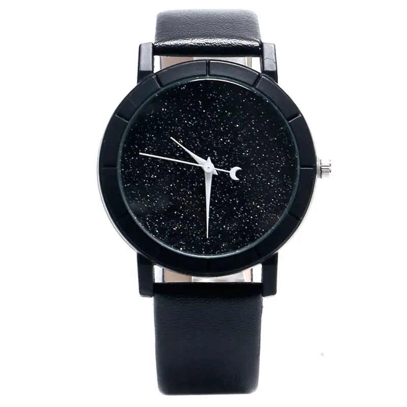 

Unique Simple Leather Band Strap Ladies Blooming Glitter Dial Wrist Watch Women Moon Analog