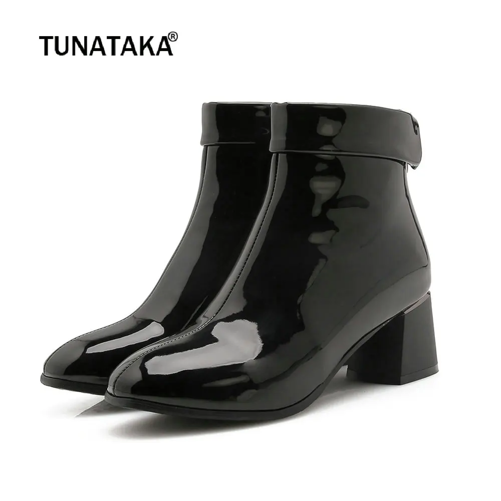 

Fashion Patent Leather Boots Women Thick High Heel Ankle Boots Zipper Round Toe Autumn Winter Woman Shoes Plus Size 43 2018 New