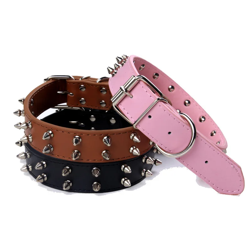 

Punk PU Leather Rivet Spiked Studded Pet Collar Neck Straps Adjustable Two rows black/pink Traction rope size S M L decoration