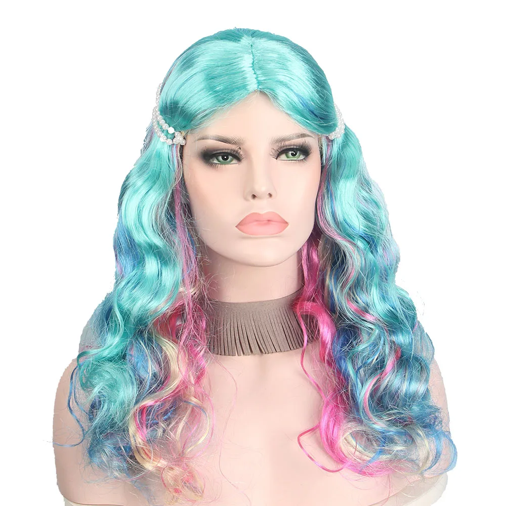 

Anxin Highlight Color Cosplay Wigs for Black Women Multicolored Wave Curly Hairs Synthetic Wigs with Pearl Necklace Anime Movie
