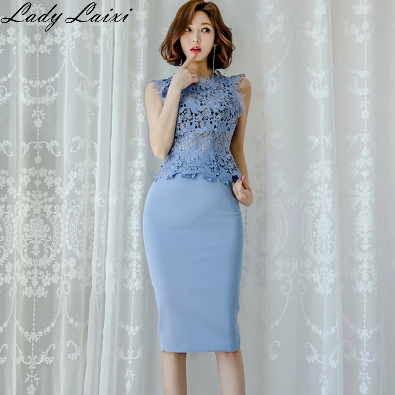 

Women's 2 Pieces Suits Solid Color O-neck sleeveless hollow out Lace Top +Sheath Bodycon Pencil Skirt Office Set Summer