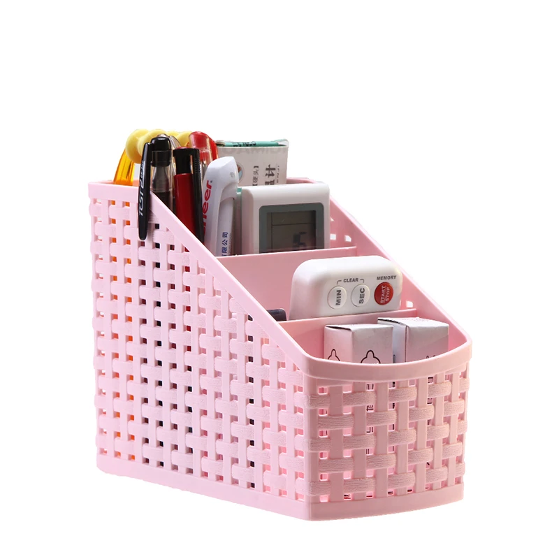 Office Stationery Holder, Four Compartment Plastic Rattan Plaited Desk