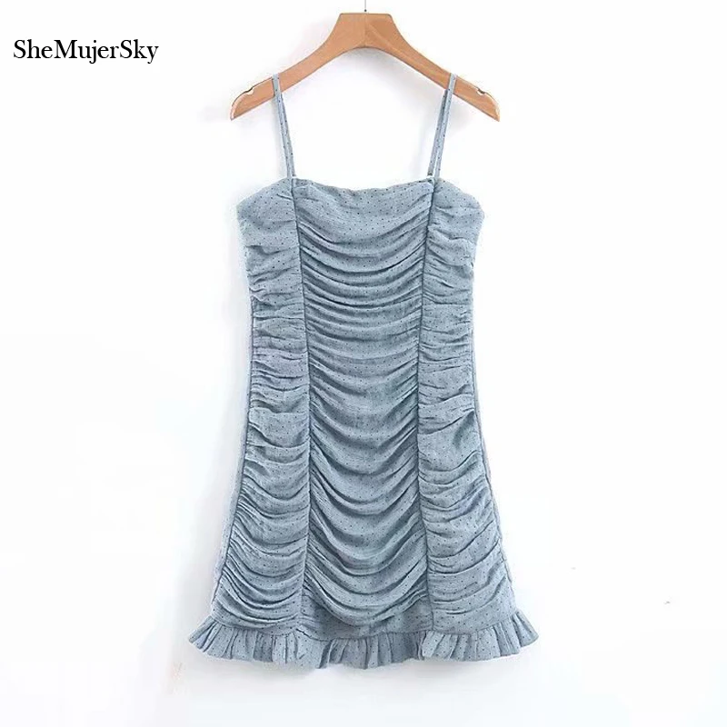 

SheMujerSky Sexy Women Spaghetti Strap Mini Dress Polka Dot Print Ruched Short Slim Dress Ruffles Backless Dresses 2019 vestidos