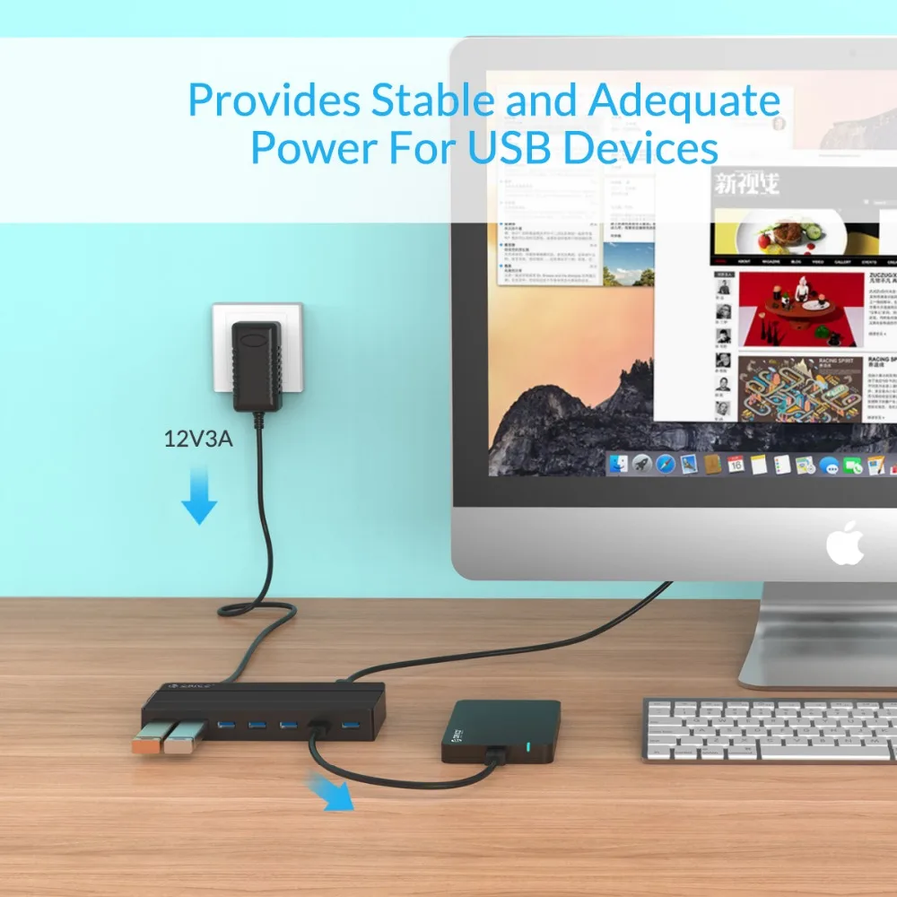  Centro de escritorio ORICO H7928-U3 7 puertos USB3.0 con adaptador de corriente de 12V HUB USB 30