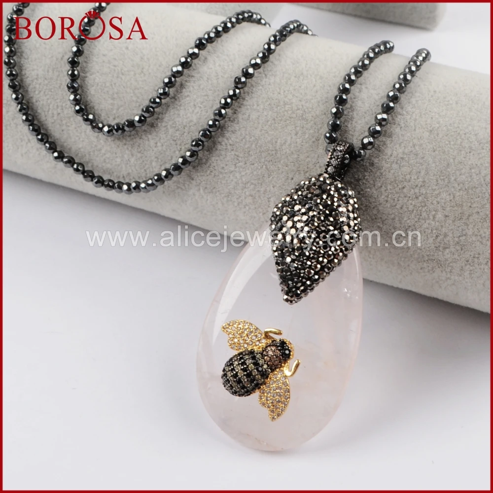 

BOROSA Stylish Teardrop Natural Pink Quartz Drusy with Pave CZ Bee Insects Charm Pendant Hermatite Stone Bead Necklace JAB873