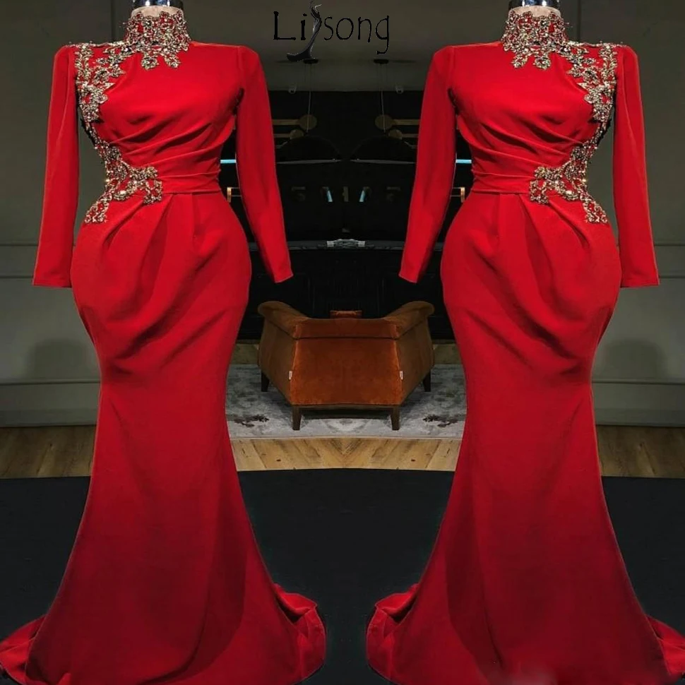 Red Arabic High Neck Mermaid Long Evening Dresses 2019 Long Sleeves Satin Ruched Lace Applique Formal Party Muslim Prom Dresses 139
