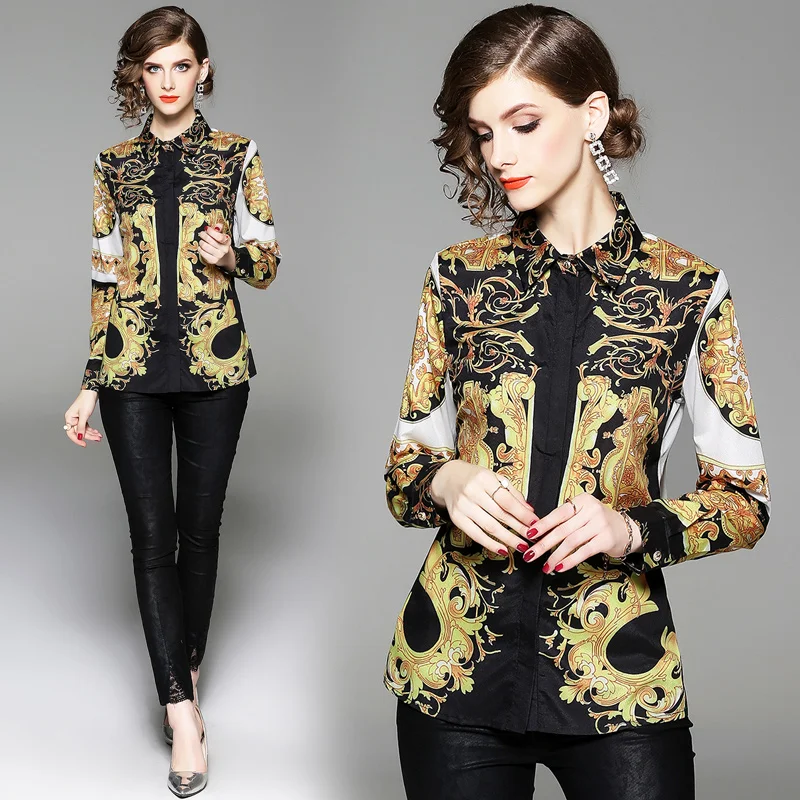  2018 runway designer womens tosp autumn blouse long sleeve fashion vintage print blouse ladies offi