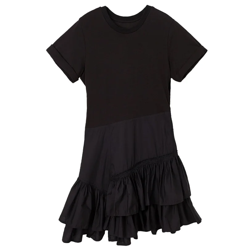 

High Quality Casual Dress 2019 Summer Fashion Ladies Color Block Patchwork Short Sleeve Black White Cotton Dress Clothing Women