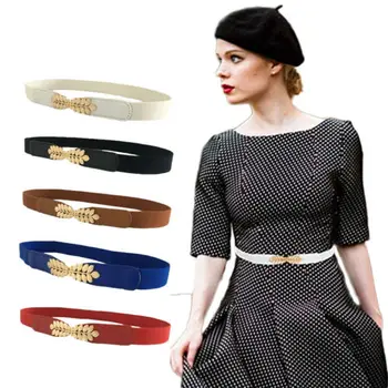 

New Women Einstellbare Gold Metal Leaf Interlock Buckle Elastic Stretch Waist Belt Waistband Cinch Belt New