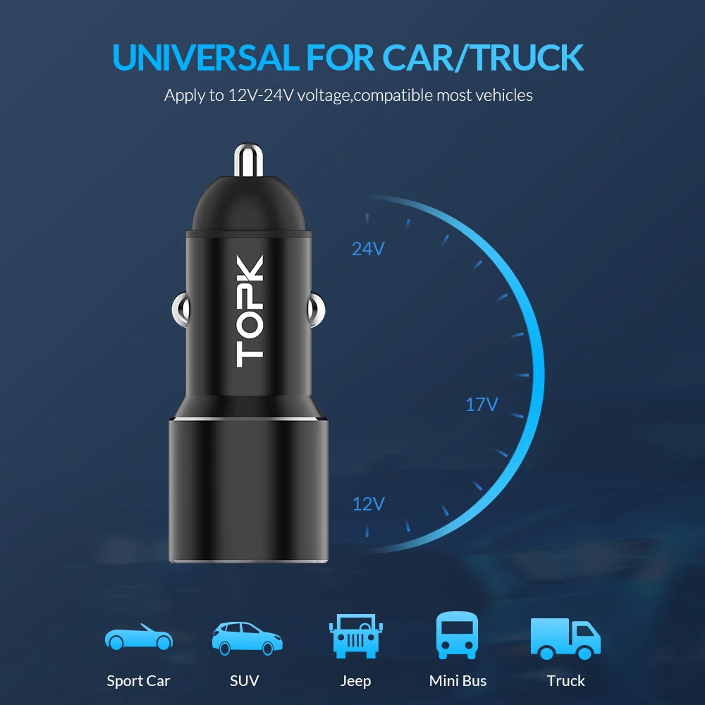 Автомобильное зарядное устройство TOPK Dual USB для iPhone Xiaomi Sansmsung Quick Charge 3 0 быстрое