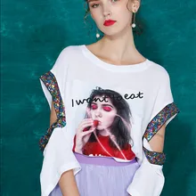 Личность, характер печати выдалбливают футболка элегантный 3/4 рукава Мода блёстки свободные летние женские футболки