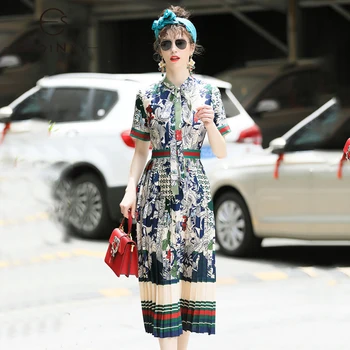 

SEQINYY Printed Dress Vintage Flowers Fashion Elegant Summer 2018 New Women's Bow Short Sleeve Pleated Dress
