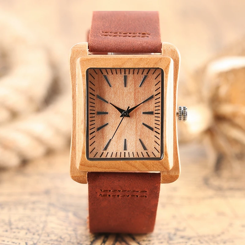 Koop Creatieve Rechthoek Dial Hout Horloge Natuurlijke Handgemaakte Licht Bamboe Mode Mannen Vrouwen Casual Quartz Polshorloge Lederen Gift