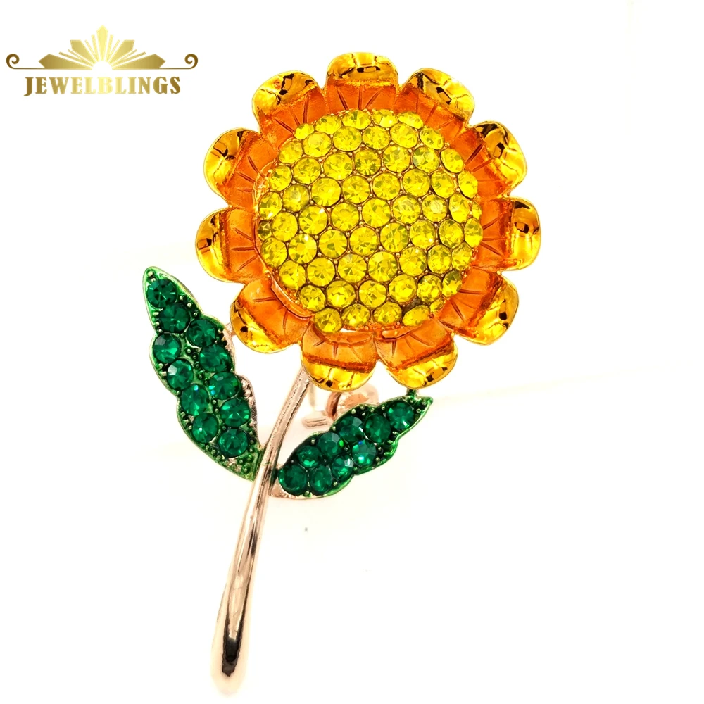 Pretty Vintage Full Micro Pave Crystal Seeded Sunflower Brooches Gold