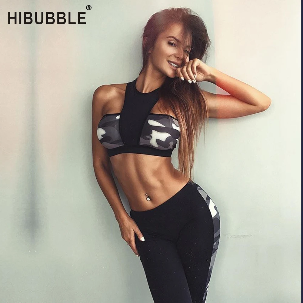 

HIBUBBLE Fitness Yoga Sets Camouflage Print Activity SuitsTracksuit for Women Sportswear Crop Top and Women Pant Gym Two pieces