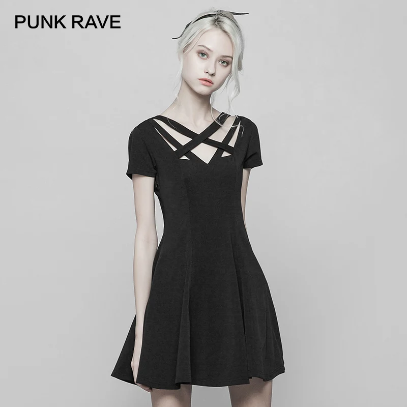 

PUNK RAVE New women's Summer Black short sleeve A-Line Dress Gothic Daily fashion Women Sexy Party Dresses
