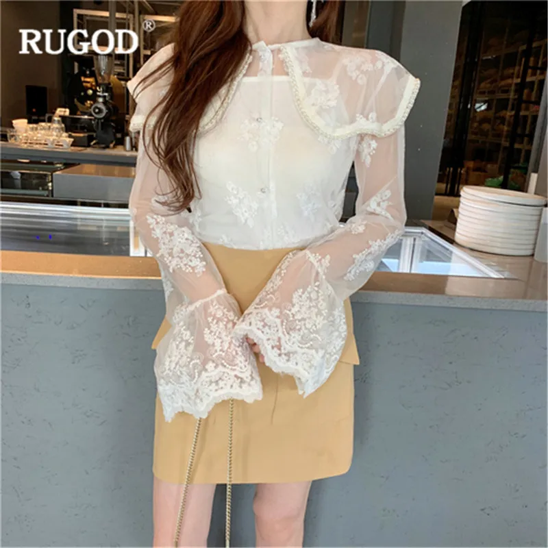 

RUGOD New Elegant Lace Blouse Women Fashion Sexy Transparent Long Flare Sleeve Shirt Blusa 2019 Spring Casual Women Blouse Tops