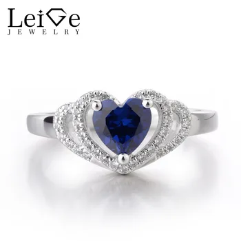 

Leige Jewelry Blue Sapphire Ring Anniversary Wedding Bands Heart Shape Prong Setting September Birthstone 925 Sterling Silver
