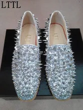New factory customized LTTL logo men luxury shinny glitter gold and silver spikes shoes slip on loafers rivets men casual shoes