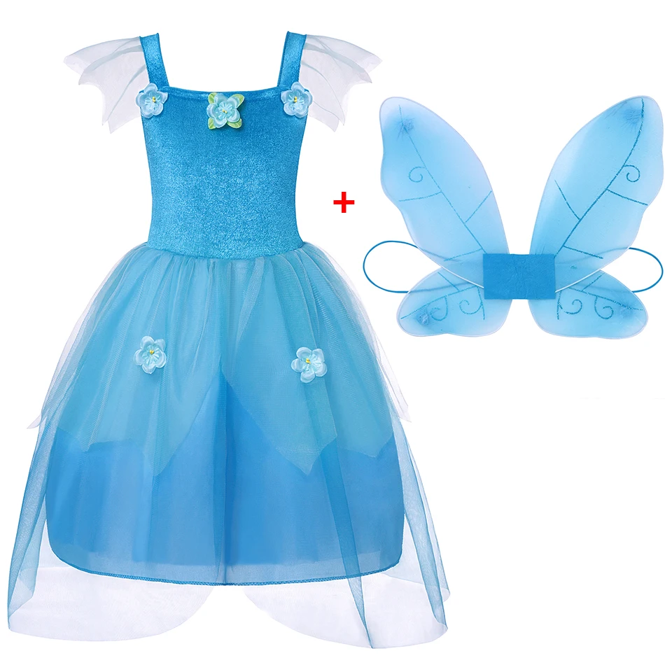 

YOFEEL Girls Cartoon Princess Tinker Bell Costume Blue Fancy Dress with Wing Cosplay Tinkerbell Child Kids Halloween Party Dress