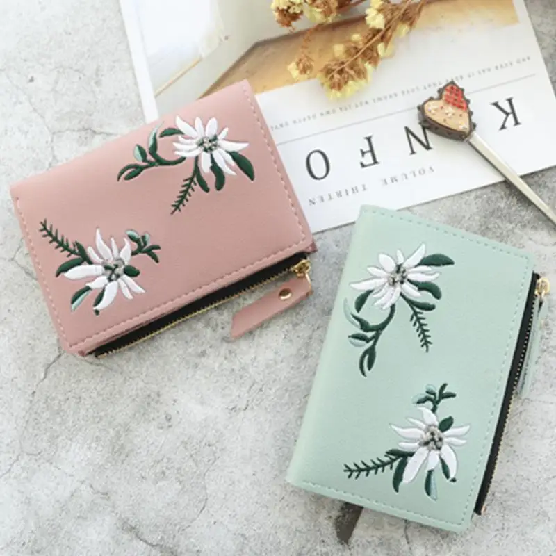 

Embroidered Europe and America Chic Money Case Stylish Women Leather Small Wallet Card Holder Coin Purse Clutch Handbag