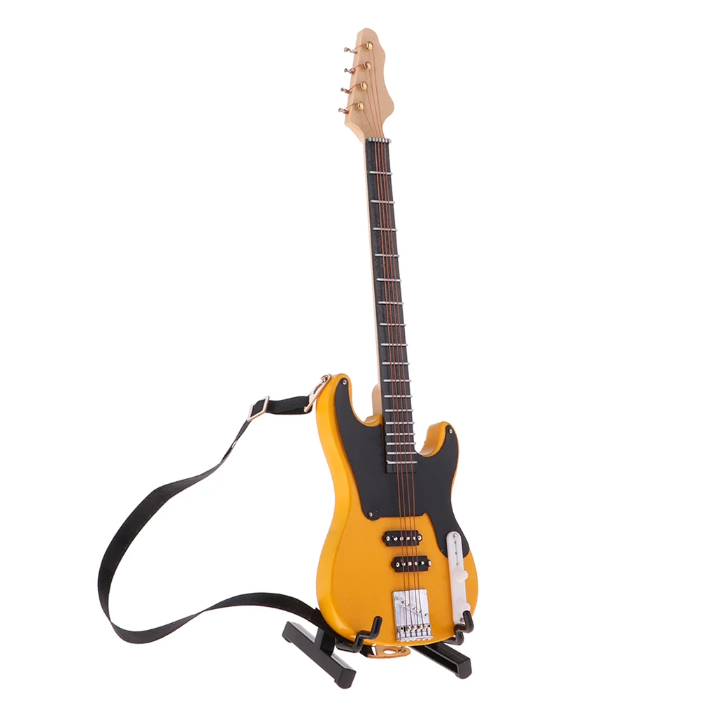 1/6 BJD Wooden Electric Bass Model with Stand and Strap Dolls House Miniature Display Decor Yellow