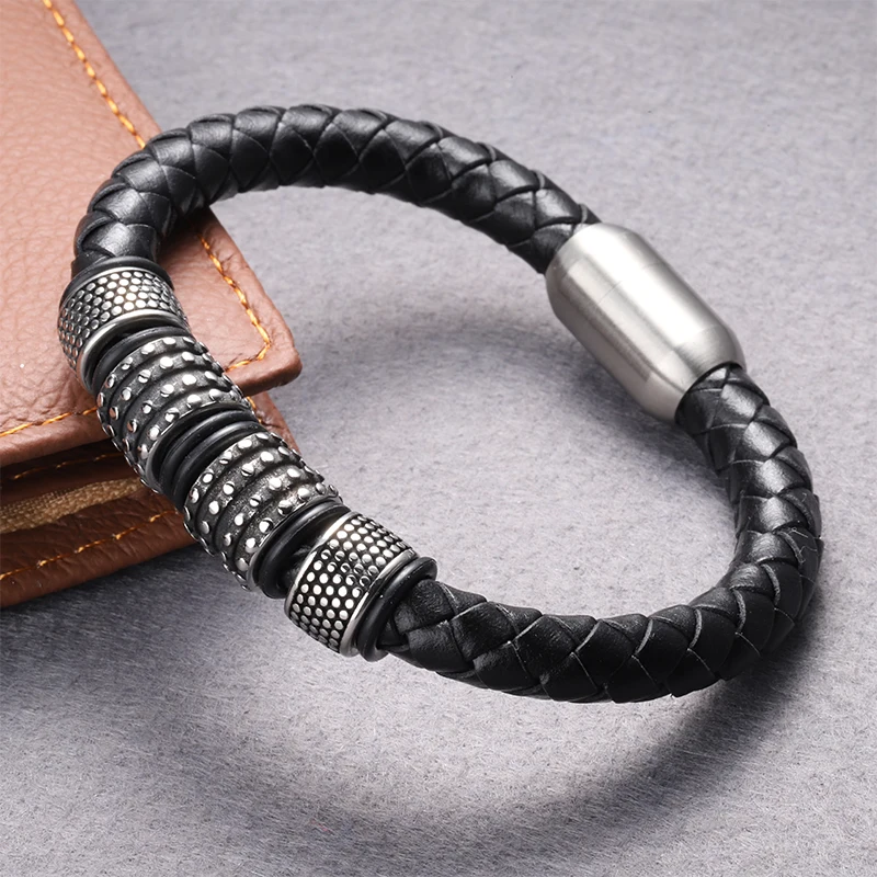 

Singreal Punk Leather Bracelet Stainless Steel Beads Charm Bracelets for Men Jewelry Merry Christmas Gifts for Men Accessories