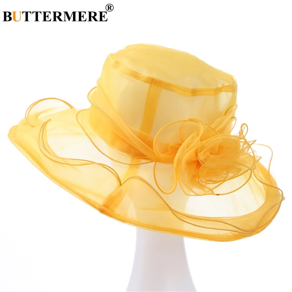 

BUTTERMERE Sun Hat Organza Ladies Yellow Flower Elegant Church Hats Women Summer Spring Stylish Lightweight Hawaiian Beach Hat