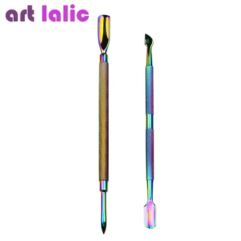 

1PC Laser Double-end Cuticle Pusher Dead Skin Remover Manicure Nail Art Rainbow Color Stainless Steel Spoon Manicure Tools