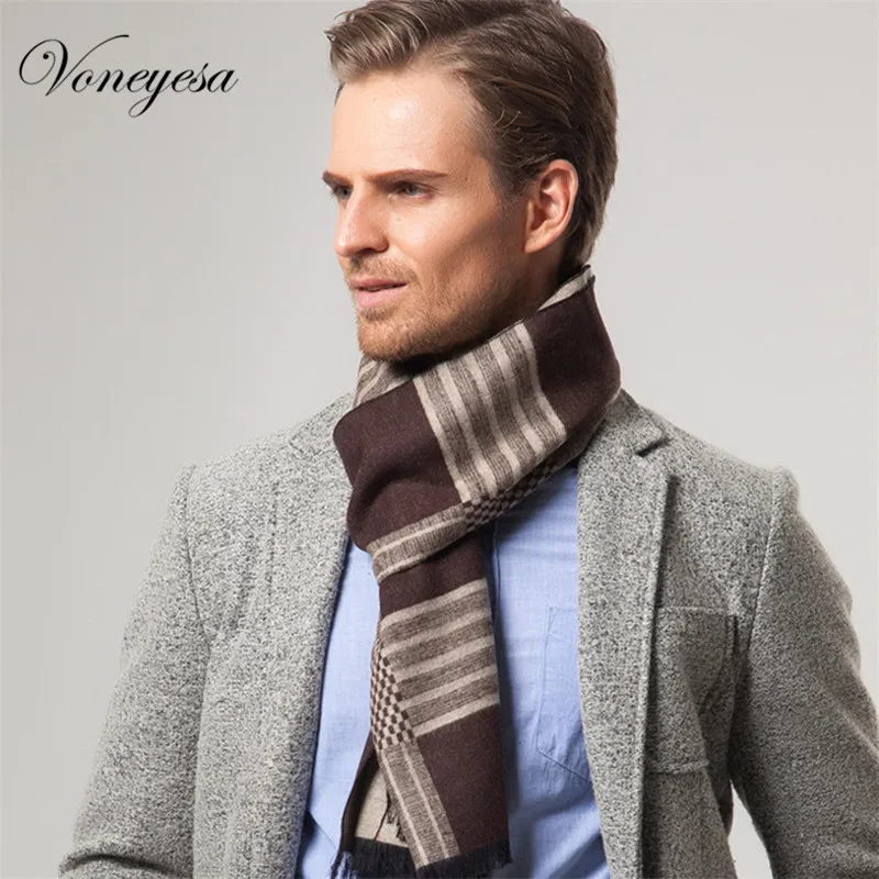 Winter Men's Classic Plaid Scarf Long Warm Cashmere Scarf Men Fringe