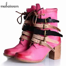 Mabaiwan/женские ботильоны из натуральной кожи в стиле панк; Осенняя обувь на высоком каблуке с ремешком; Botas Militares zapatos mujer; женская обувь на платформе