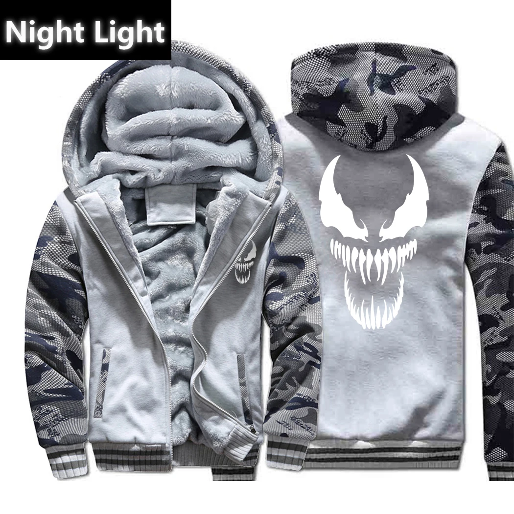 Venom толстовки для мужчин фильм ночь светящиеся толстовки с капюшоном Harajuku пальто Зимняя Толстая флисовая куртка Прохладный фосфоресцирующий уличная одежда - Цвет: Light Gray