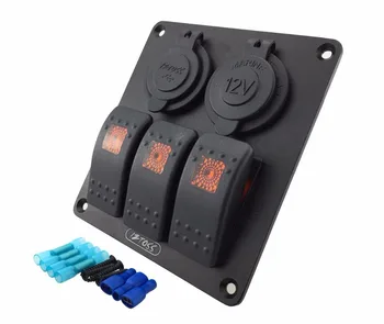 

3 gang rocker switch panel with power socket 3.1A dual USB wiring kits and Decal Sticker Labels DC12V/24V for Marine Boat Car Rv