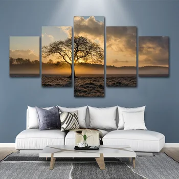 

5 Panel Canvas Painting Vintage Poster Wall Art Frame Printed Pictures Sunrise Tree Landscape Photo For Living Room Home Decor