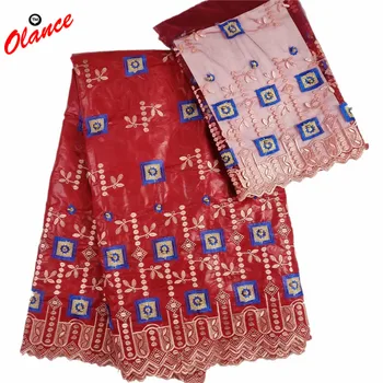 

Newest Royal blue squares and pink vines with Beads 5 yards Bazin Riche and 2 yards net lace TW30 red color Nigeria WAX Fabric