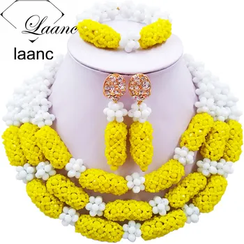 

Laanc Fashion White Yellow African Wedding Beads Jewely Set Nigerian Bridal Jewelry Sets XQJZ025