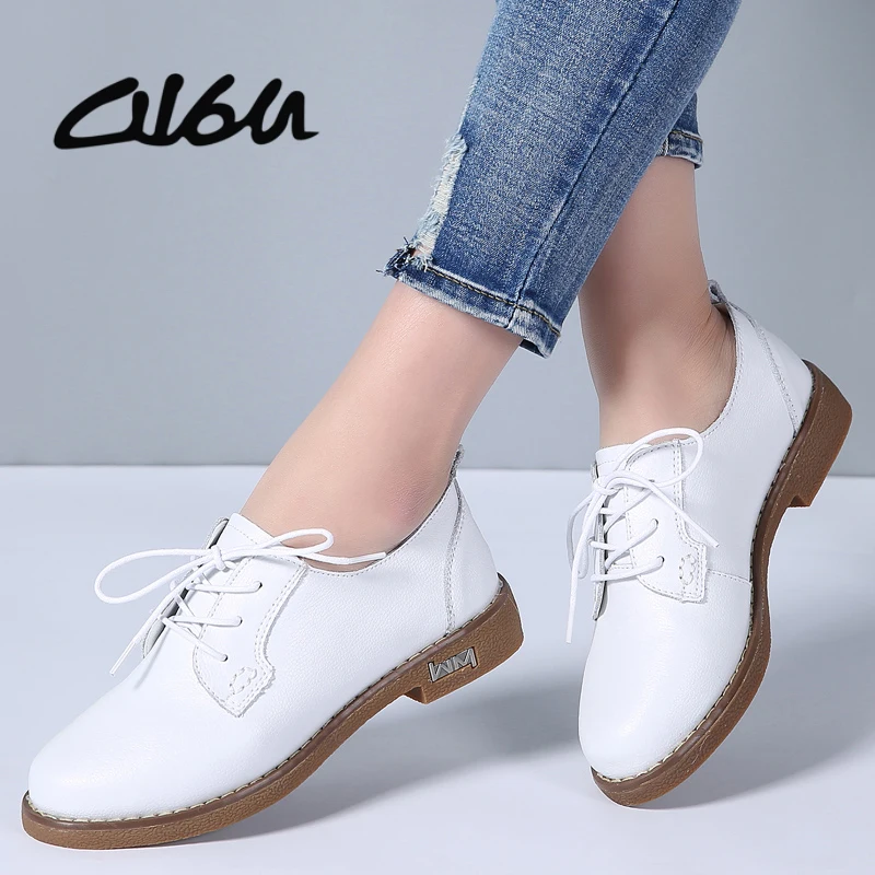 

O16U Women Flats Shoes Oxfords Genuine Leather Lace up Moccains Casual Shoes Women Derby Flat Shoes Ladies White Black Spring